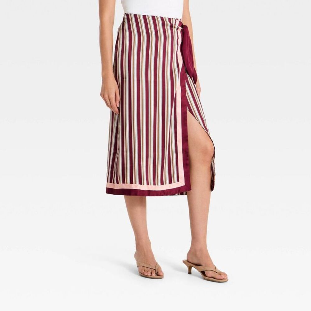 Women's Satin Wrap Midi Skirt - A New Day Burgundy Striped L